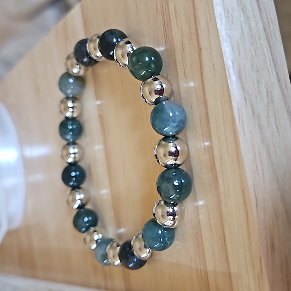 Moss agate & silver beaded stretch bracelet